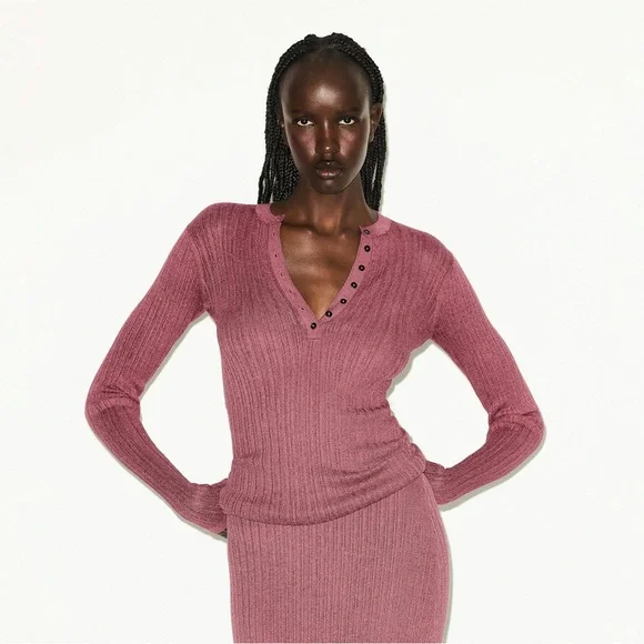 SKIMS | Tops | Skims Sheer Knit Long Sleeve Henley Top In Beet M